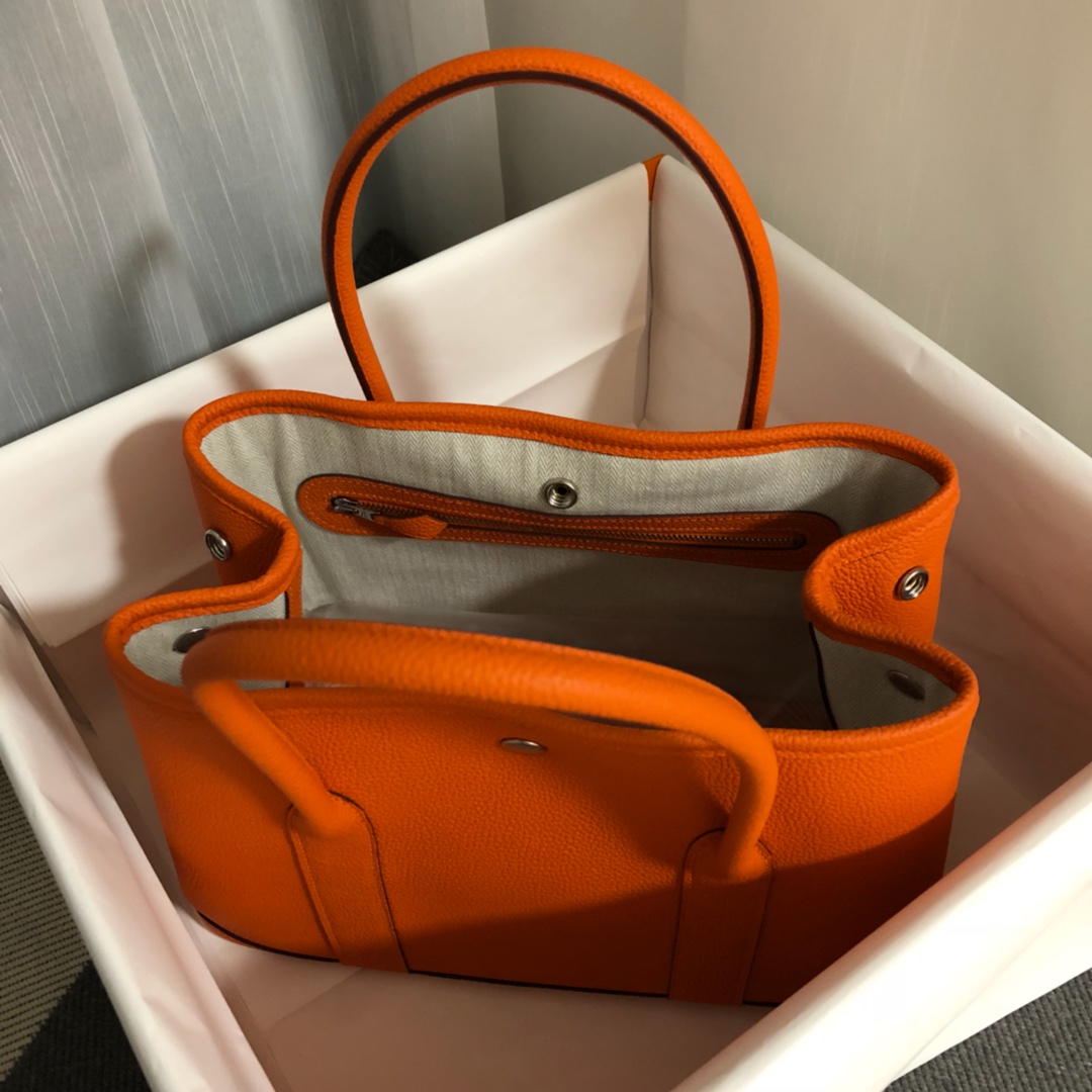 Hermes Garden Party 30cm Tote Handbag In Feu Orange Clemence Leather